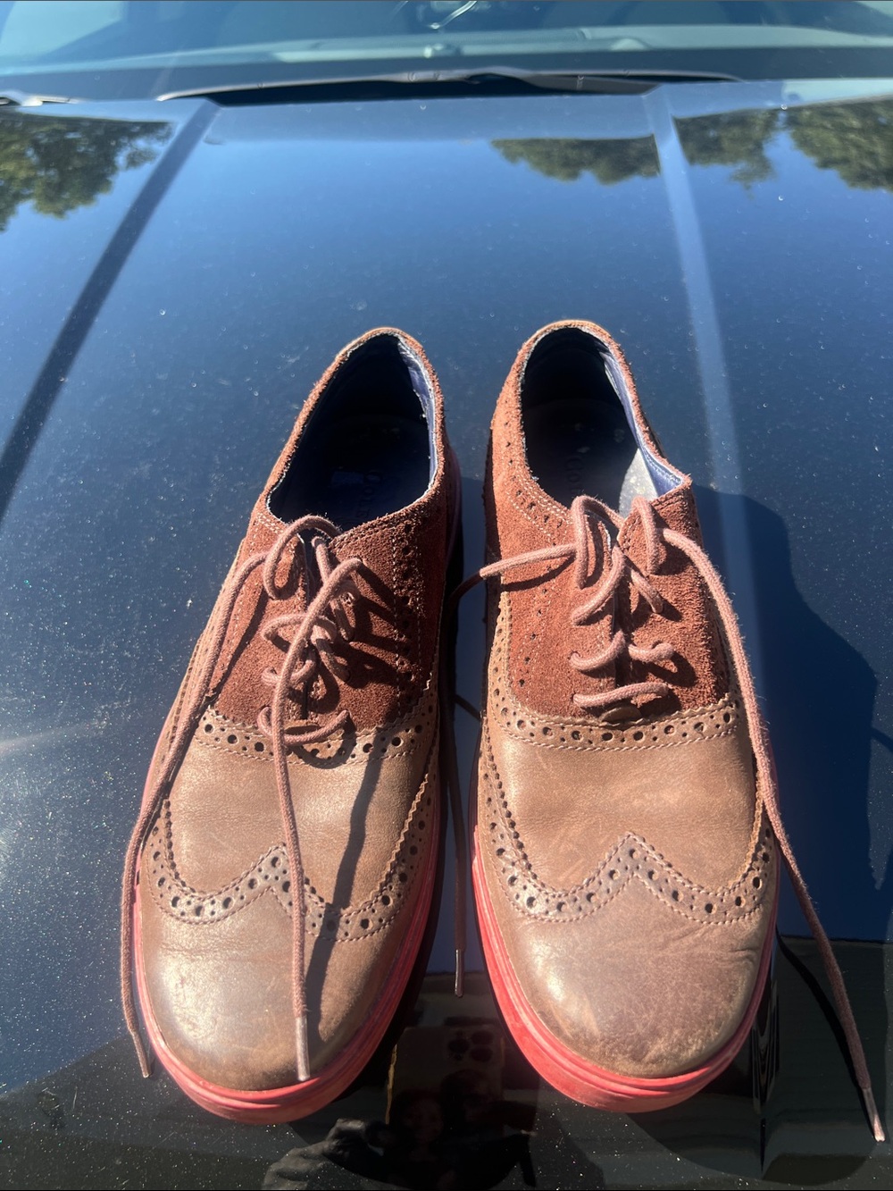 Cole Haan Brown Suede & Leather Wingtip Oxfords with Red Sole